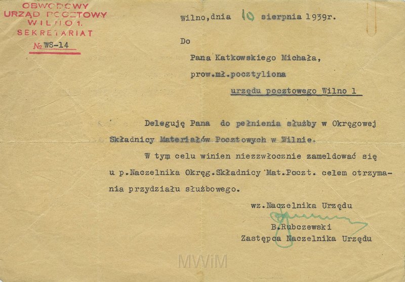 KKE 5607.jpg - Dok. Pismo z Obwodowego Urzędu Pocztowego w Wilnie do Michała Katkowskiego dotyczące przeniesienia służbowego, Wilno, 10 VIII 1939 r.
